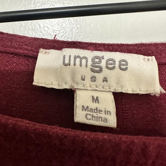 UMGEE | Burgundy Linen Blend Fringe Casual Short Sleeve Boho Tunic Top, Size M - Picture 7 of 8